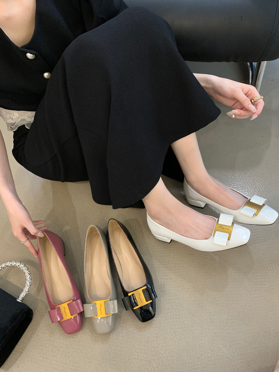 2023 Spring Summer New Chanel Style Square Toe Flat Low Heel Bow Single Shoes Women Nude Color Shallow Mouth Small Size Flat Heel