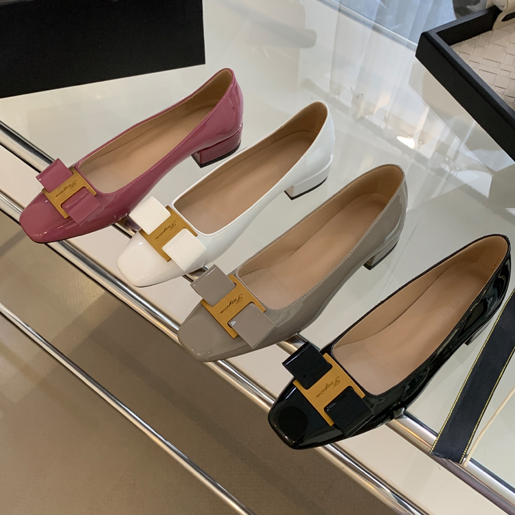2023 Spring Summer New Chanel Style Square Toe Flat Low Heel Bow Single Shoes Women Nude Color Shallow Mouth Small Size Flat Heel - Image 2