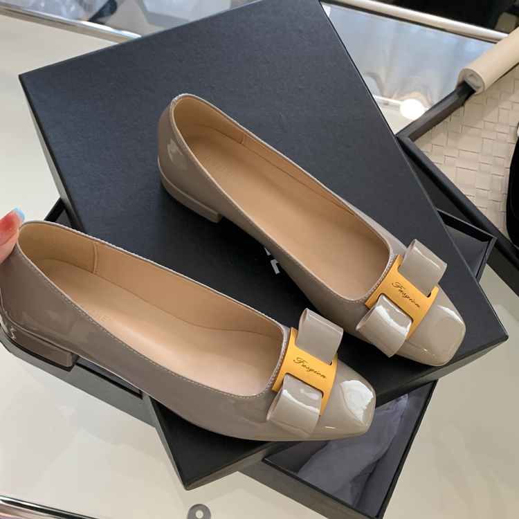 2023 Spring Summer New Chanel Style Square Toe Flat Low Heel Bow Single Shoes Women Nude Color Shallow Mouth Small Size Flat Heel - Image 3