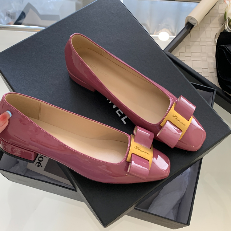2023 Spring Summer New Chanel Style Square Toe Flat Low Heel Bow Single Shoes Women Nude Color Shallow Mouth Small Size Flat Heel - Image 4