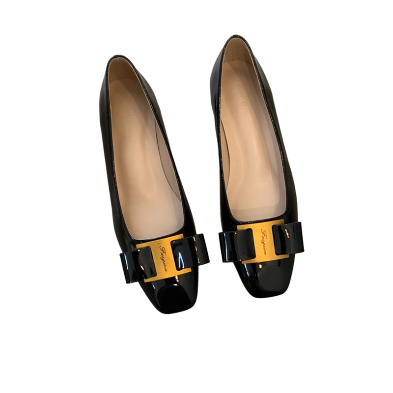 2023 Spring Summer New Chanel Style Square Toe Flat Low Heel Bow Single Shoes Women Nude Color Shallow Mouth Small Size Flat Heel - Image 5