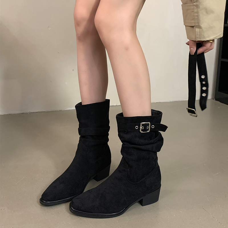 2025 New Autumn Winter Retro Square Toe Chunky Heel Short Boots with Detachable Buckle Strap for Women - Image 2