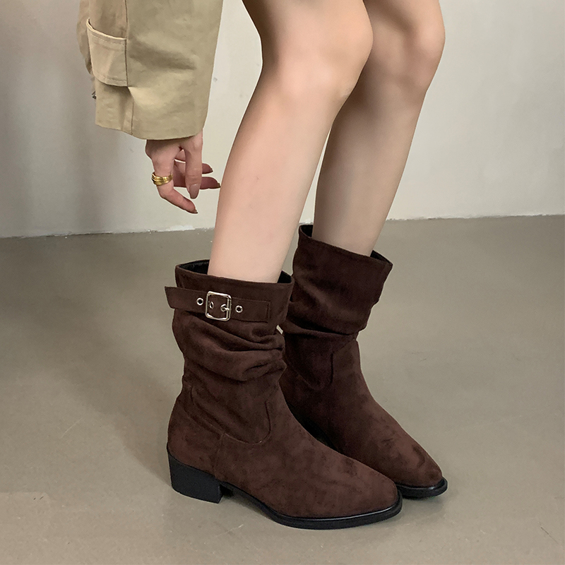 2025 New Autumn Winter Retro Square Toe Chunky Heel Short Boots with Detachable Buckle Strap for Women - Image 3