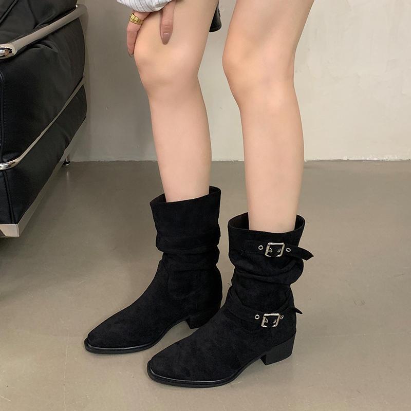 2025 New Autumn Winter Retro Square Toe Chunky Heel Short Boots with Detachable Buckle Strap for Women - Image 4
