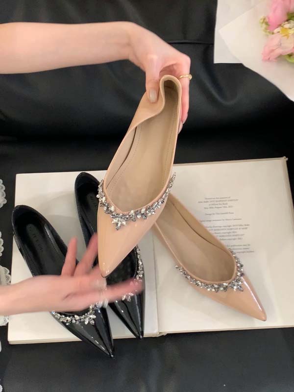 2025 New French Rhinestone Pointed Flat Mary Jane Shoes for Women, Low Top Slip-On with Inner Height Increase, Soft Sole Commuter Shoes