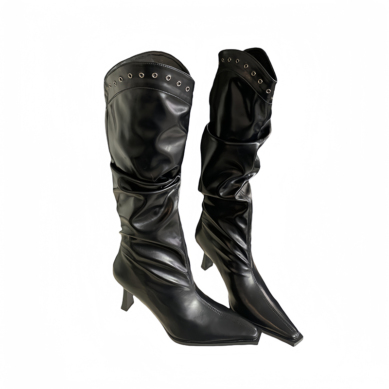 2025 New Pointed Toe Rivet Slim Heel Pleated Boots for Women Wide Calf High Heel Over Knee Boots - Image 5