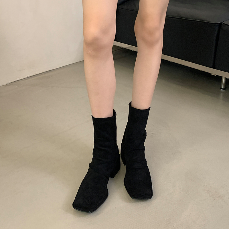 Fortune One Suede Chunky Heel Short Boots 2025 Autumn Winter New Folded Square Toe Slim Martin Boots Women - Image 2