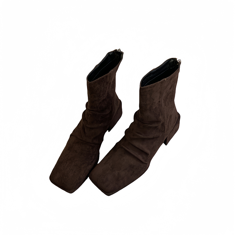 Fortune One Suede Chunky Heel Short Boots 2025 Autumn Winter New Folded Square Toe Slim Martin Boots Women - Image 5