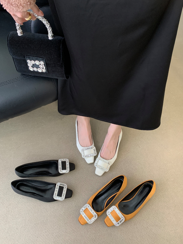 French Square Toe Rhinestone Low Heel Women's Slip-On Shoes 2024 Spring Autumn Fashionable Casual Shoes - Image 2