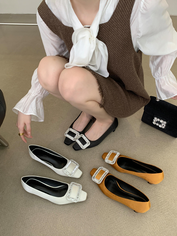 French Square Toe Rhinestone Low Heel Women's Slip-On Shoes 2024 Spring Autumn Fashionable Casual Shoes - Image 3