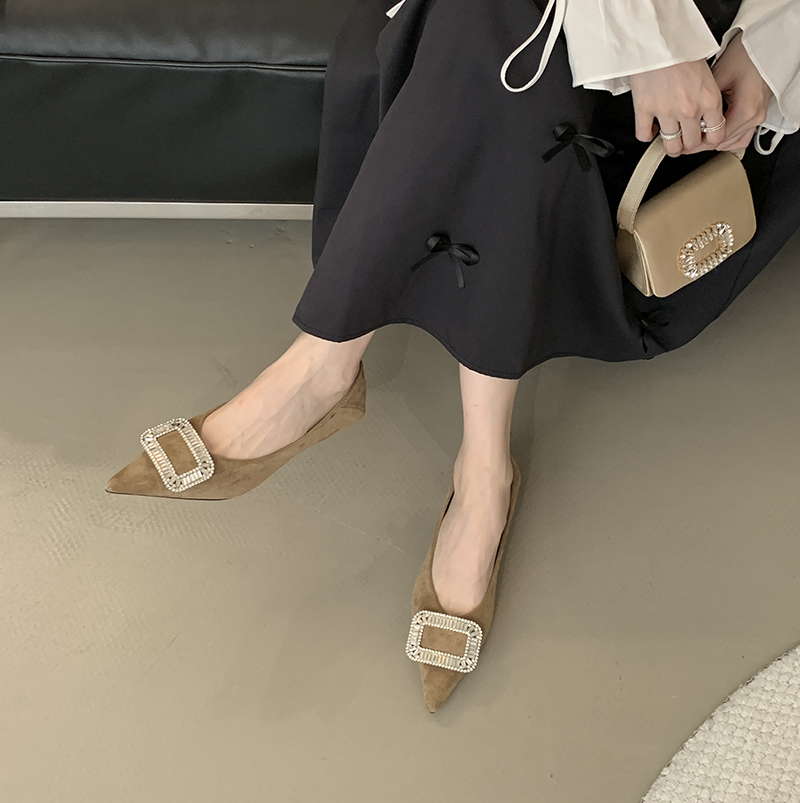 French Style Pointed Toe High Heel Shoes for Women 2025 Spring Autumn New Kitten Heel Rhinestone Black Work Shoes - Image 3