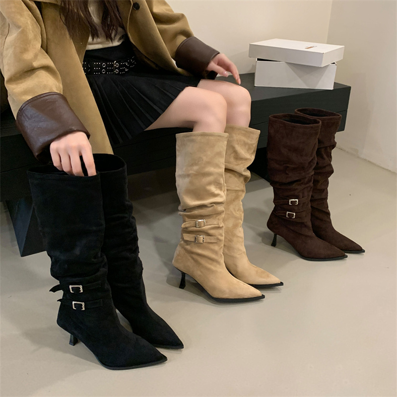 Fuyi One Foot Long Boots Retro Pointed Toe Belt Buckle High Heel Wrinkled Boots Women Autumn Winter Suede Denim Stacked Boots