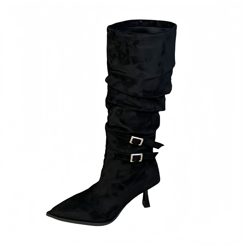Fuyi One Foot Long Boots Retro Pointed Toe Belt Buckle High Heel Wrinkled Boots Women Autumn Winter Suede Denim Stacked Boots - Image 5