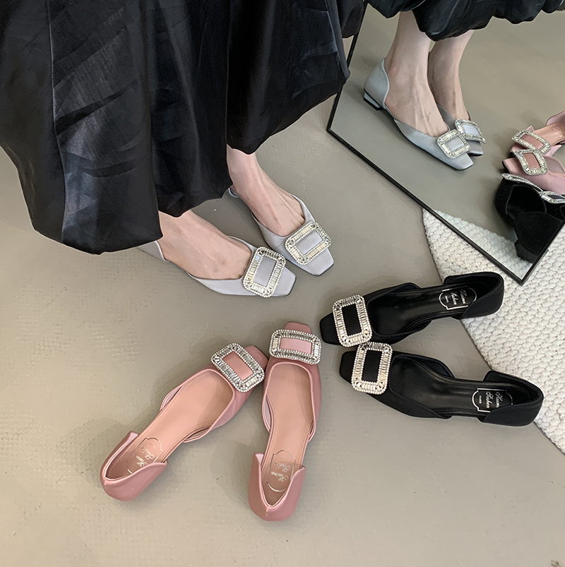 Huimeisizhen Snowflake Buckle Shallow Mouth Single Shoes Women's New Hollow Sandals Low Heel Rhinestone Shoes