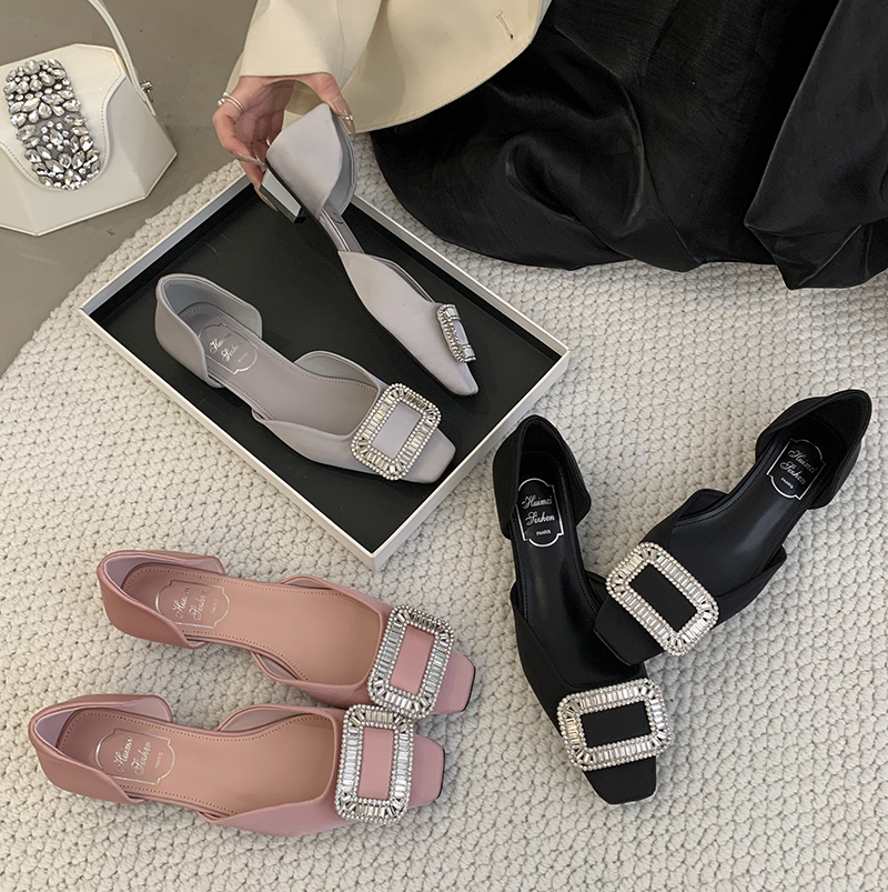 Huimeisizhen Snowflake Buckle Shallow Mouth Single Shoes Women's New Hollow Sandals Low Heel Rhinestone Shoes - Image 2