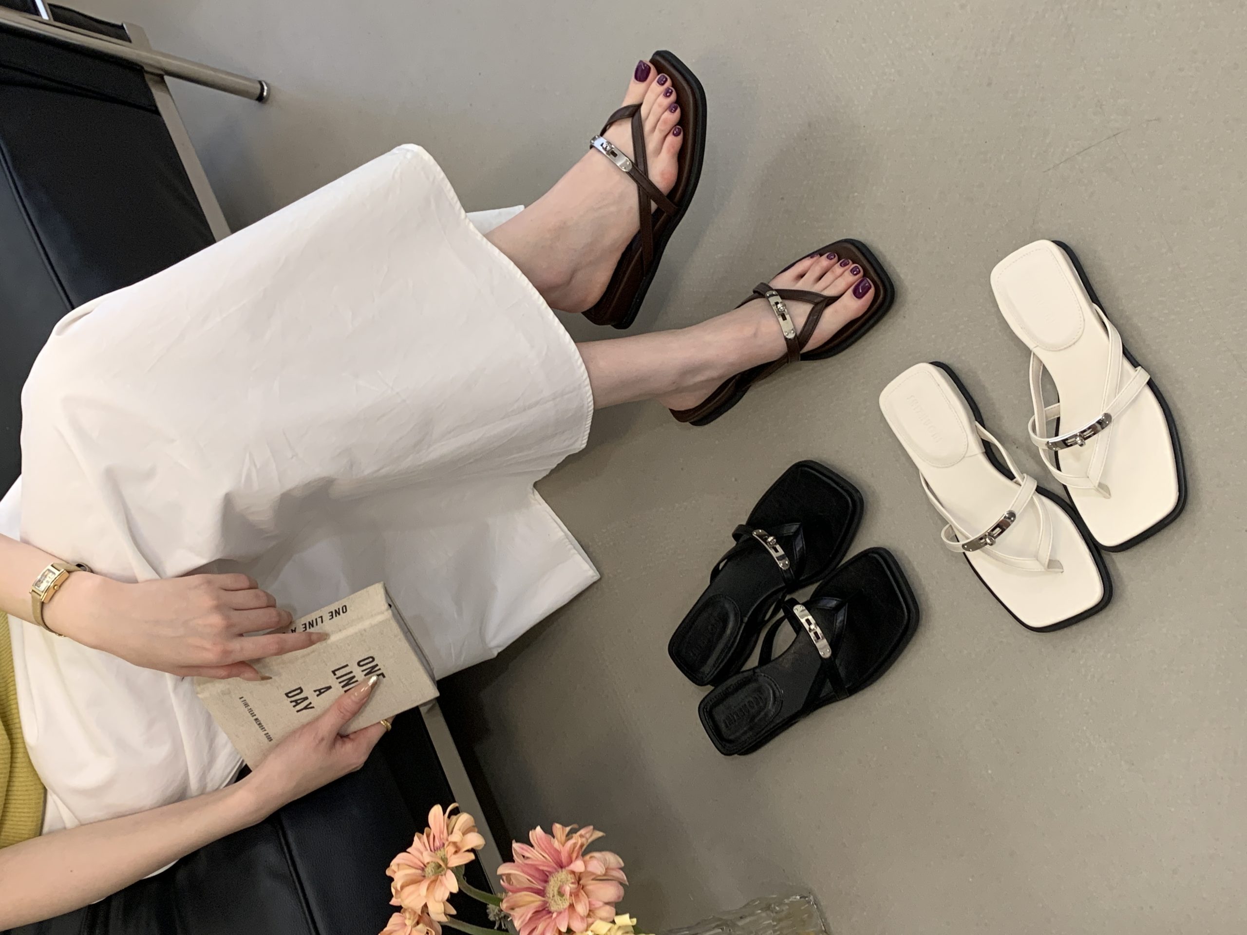 Metal Buckle Roman Toe Strap Slippers for Women Summer 2026 New Square Toe Flat Sandals