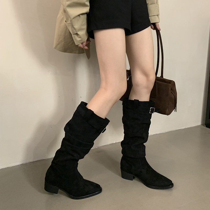 Retro Chunky Heel Stacked Boots with Buckle for Women - Suede Faux Leather Long Riding Boots Autumn Winter - Image 2