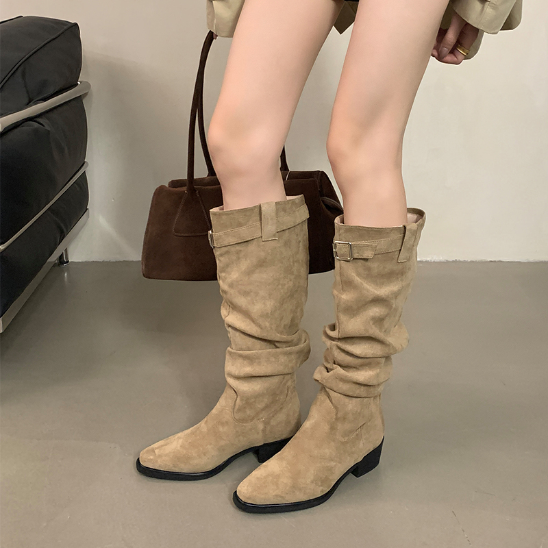 Retro Chunky Heel Stacked Boots with Buckle for Women - Suede Faux Leather Long Riding Boots Autumn Winter - Image 3