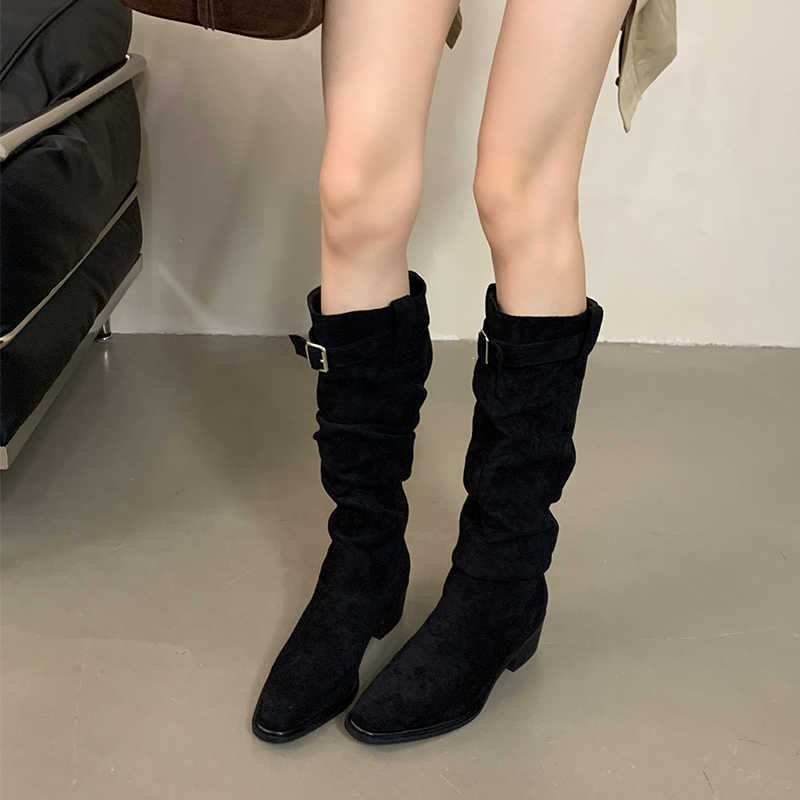 Retro Chunky Heel Stacked Boots with Buckle for Women - Suede Faux Leather Long Riding Boots Autumn Winter - Image 4