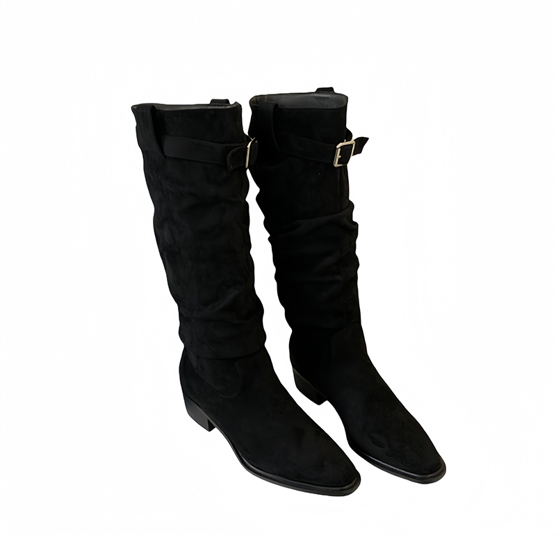 Retro Chunky Heel Stacked Boots with Buckle for Women - Suede Faux Leather Long Riding Boots Autumn Winter - Image 5