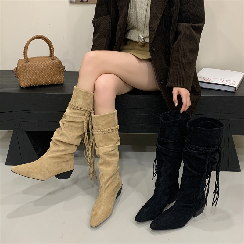 Retro Fringe Cowboy Boots for Women Pointed Toe Chunky Heel Stacked Boots Suede Over-the-Knee Boots