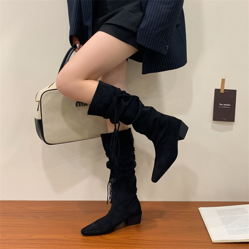 Retro Fringe Cowboy Boots for Women Pointed Toe Chunky Heel Stacked Boots Suede Over-the-Knee Boots - Image 2