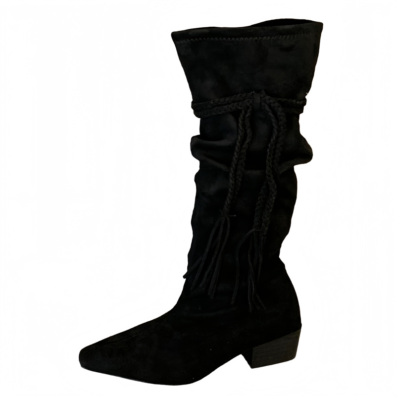 Retro Fringe Cowboy Boots for Women Pointed Toe Chunky Heel Stacked Boots Suede Over-the-Knee Boots - Image 5