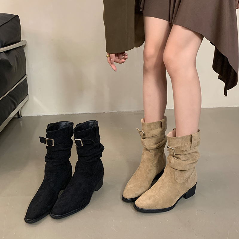 Retro Suede Western Cowboy Boots for Women Chunky Heel Mid Heel Short Shaft 2025 Autumn Winter New Stacked Heel Boots