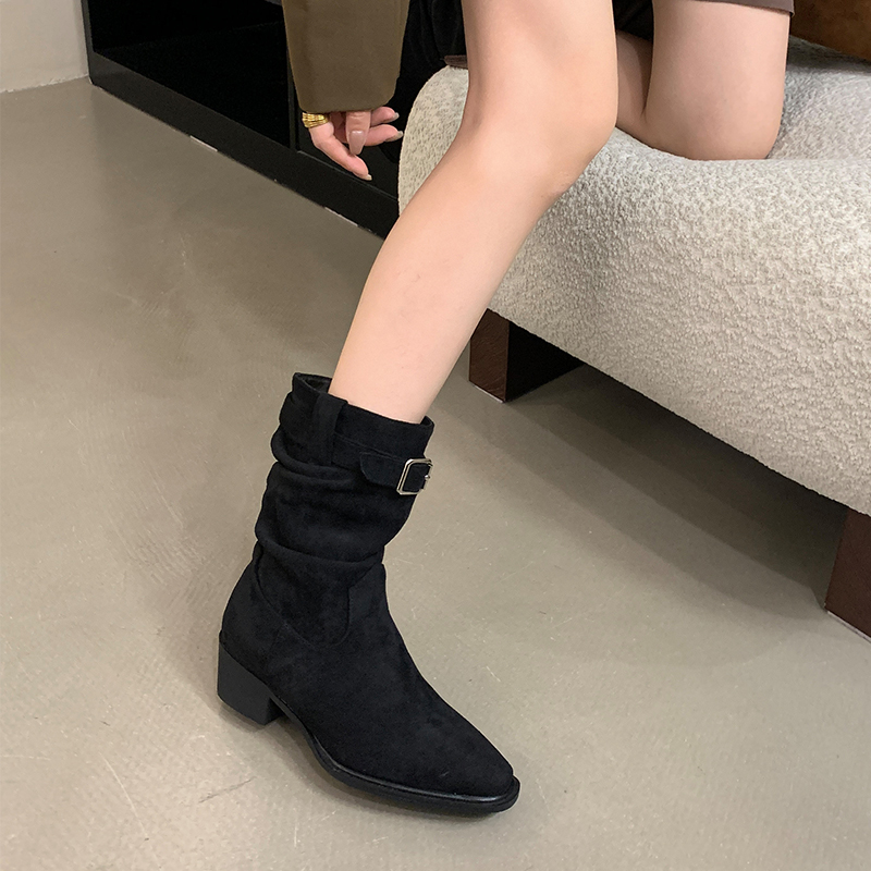 Retro Suede Western Cowboy Boots for Women Chunky Heel Mid Heel Short Shaft 2025 Autumn Winter New Stacked Heel Boots - Image 2