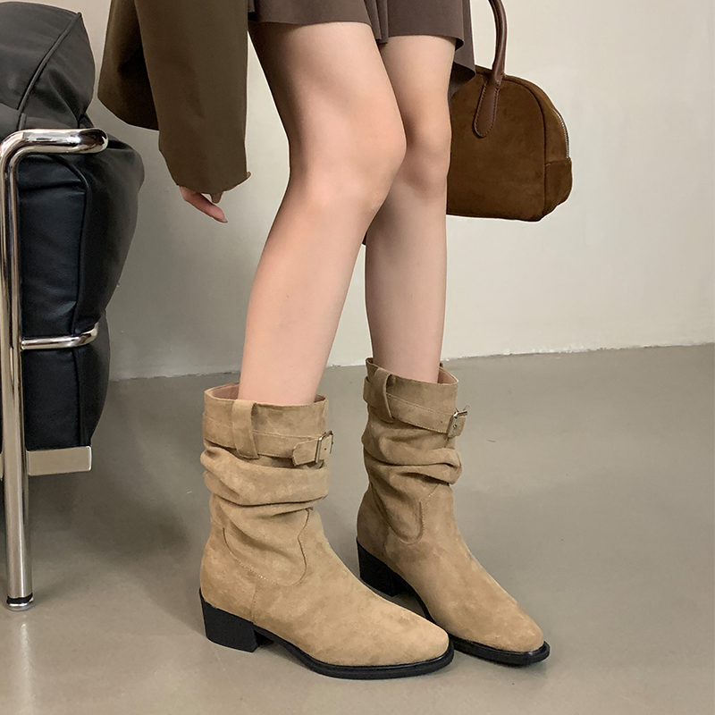 Retro Suede Western Cowboy Boots for Women Chunky Heel Mid Heel Short Shaft 2025 Autumn Winter New Stacked Heel Boots - Image 3