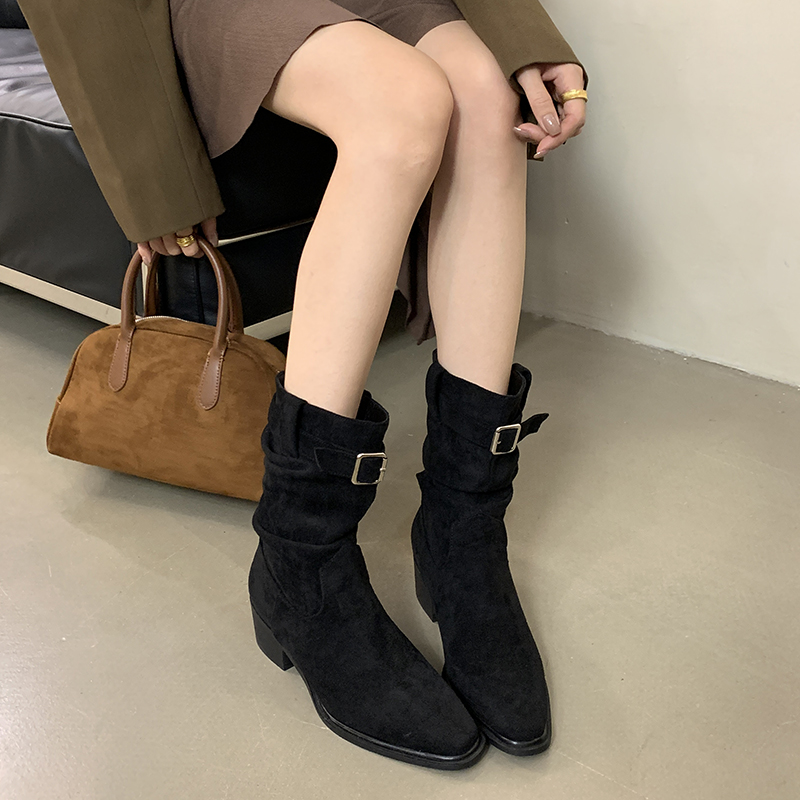 Retro Suede Western Cowboy Boots for Women Chunky Heel Mid Heel Short Shaft 2025 Autumn Winter New Stacked Heel Boots - Image 4