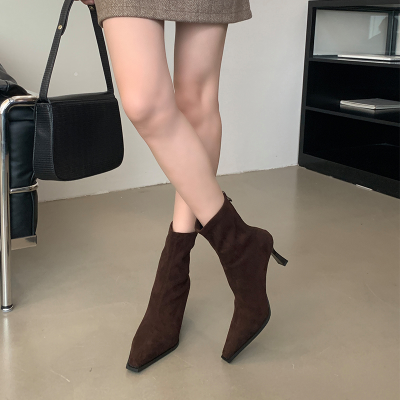 Sexy Pointed Toe Thin Heel Ankle Boots Fall Winter Simple Black Suede High Heel Back Zipper Stretch Slim Boots - Image 2