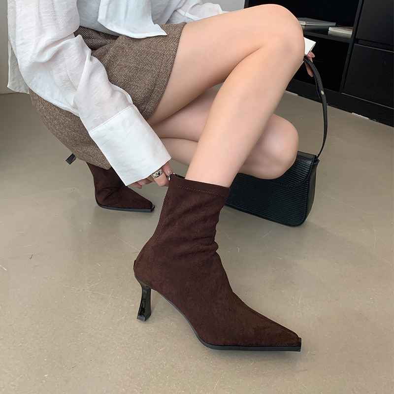 Sexy Pointed Toe Thin Heel Ankle Boots Fall Winter Simple Black Suede High Heel Back Zipper Stretch Slim Boots - Image 3