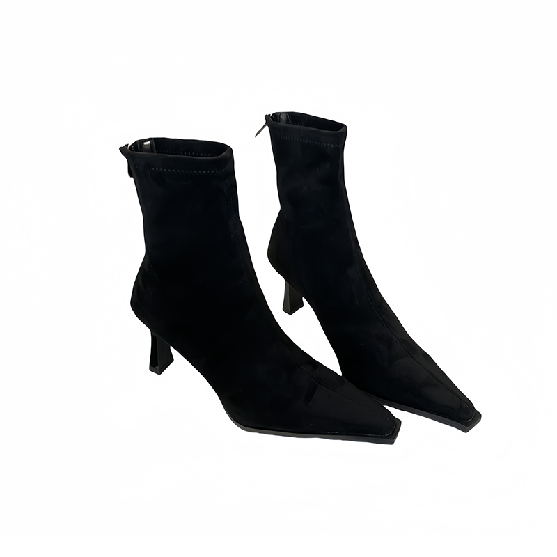 Sexy Pointed Toe Thin Heel Ankle Boots Fall Winter Simple Black Suede High Heel Back Zipper Stretch Slim Boots - Image 5