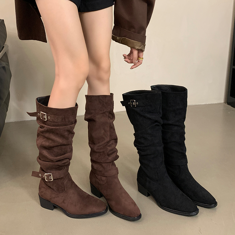 Wealthy One Foot Pleated Stack Boots 2025 Autumn Winter New Style Suede Chunky Heel Tall Boots Belt Buckle Over Knee Boots