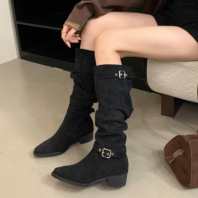 Wealthy One Foot Pleated Stack Boots 2025 Autumn Winter New Style Suede Chunky Heel Tall Boots Belt Buckle Over Knee Boots - Image 4