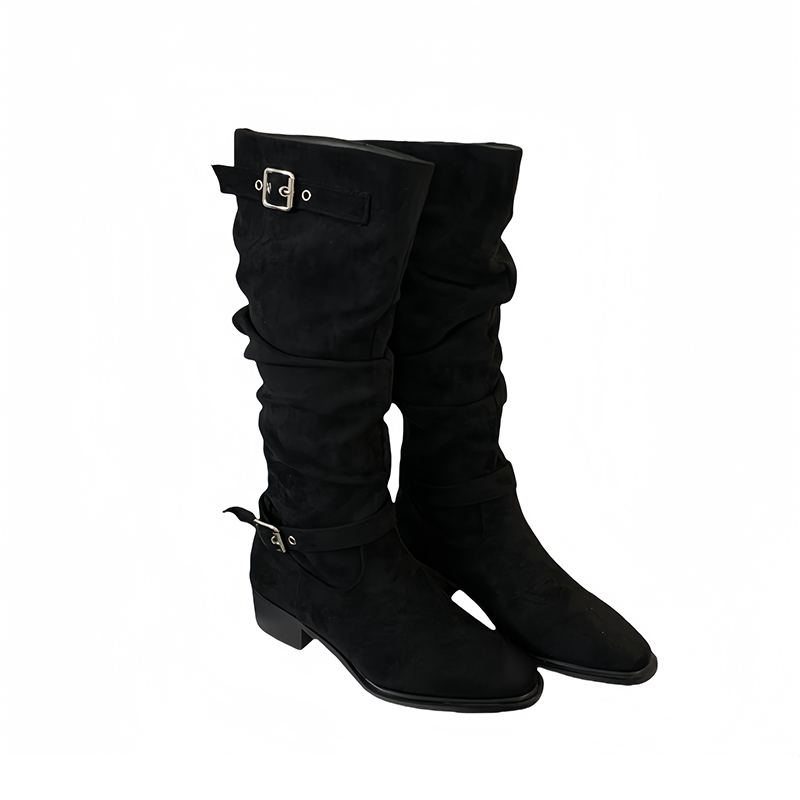 Wealthy One Foot Pleated Stack Boots 2025 Autumn Winter New Style Suede Chunky Heel Tall Boots Belt Buckle Over Knee Boots - Image 5