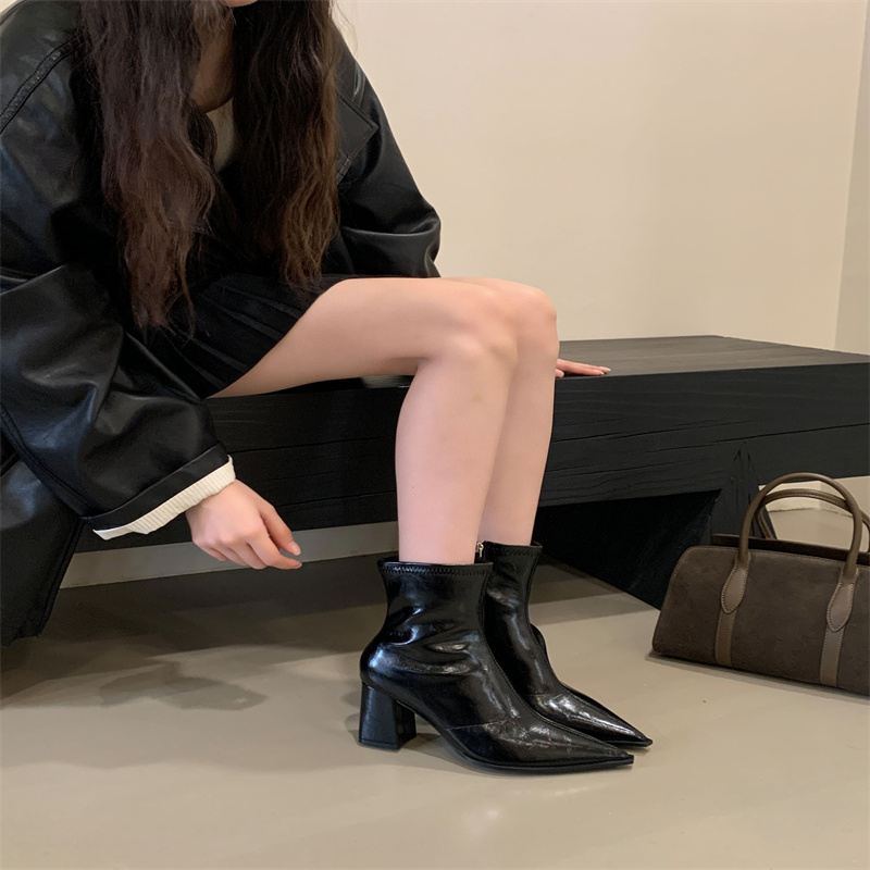 Wealthy One Foot Slim Boots 2025 Autumn Winter Versatile Pointed Toe Chunky Heel Side Zipper Short Boots Simple High Heel Fashion Boots Women - Image 3
