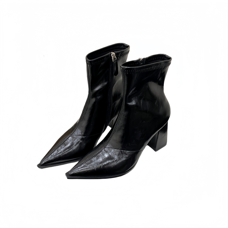 Wealthy One Foot Slim Boots 2025 Autumn Winter Versatile Pointed Toe Chunky Heel Side Zipper Short Boots Simple High Heel Fashion Boots Women - Image 5