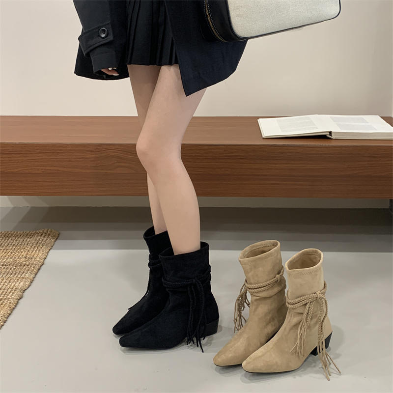 Women's Retro Fringe Suede Chunky Heel Stacked Boots - Pointed Toe Mid-Calf Riding Boots for Fall 2025