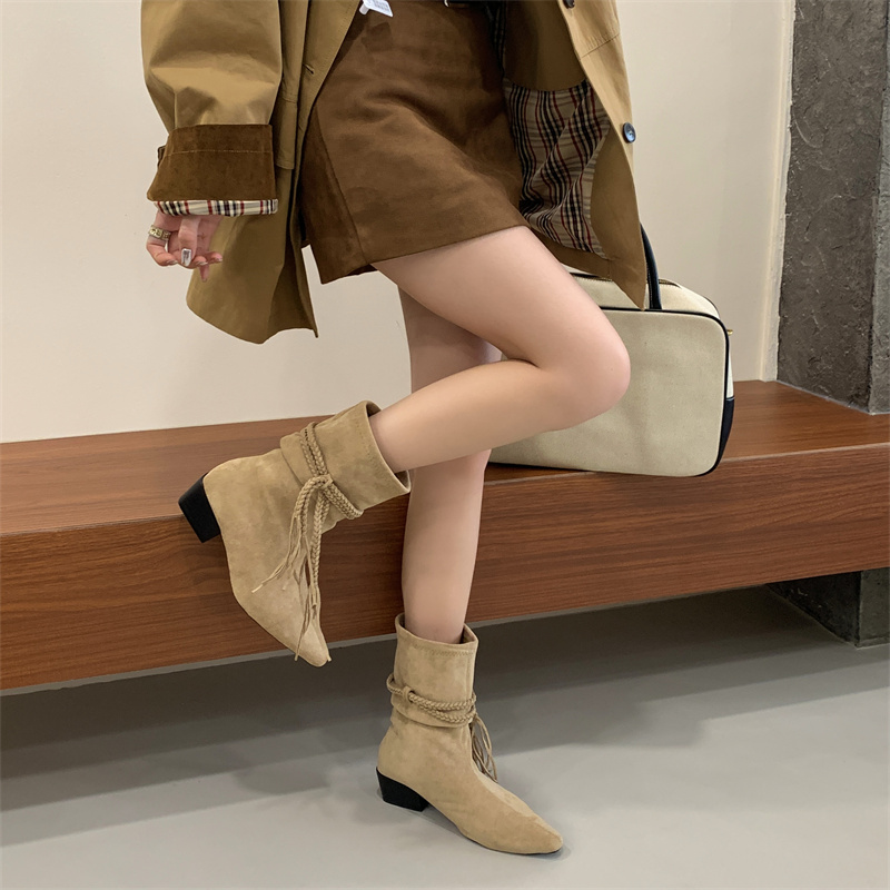 Women's Retro Fringe Suede Chunky Heel Stacked Boots - Pointed Toe Mid-Calf Riding Boots for Fall 2025 - Image 4