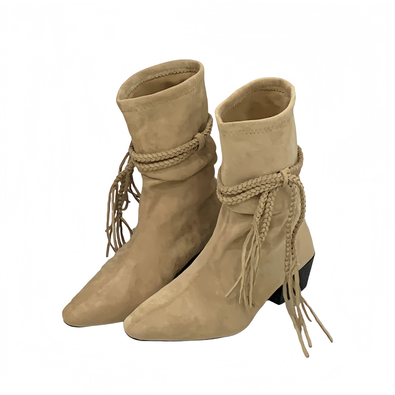 Women's Retro Fringe Suede Chunky Heel Stacked Boots - Pointed Toe Mid-Calf Riding Boots for Fall 2025 - Image 5