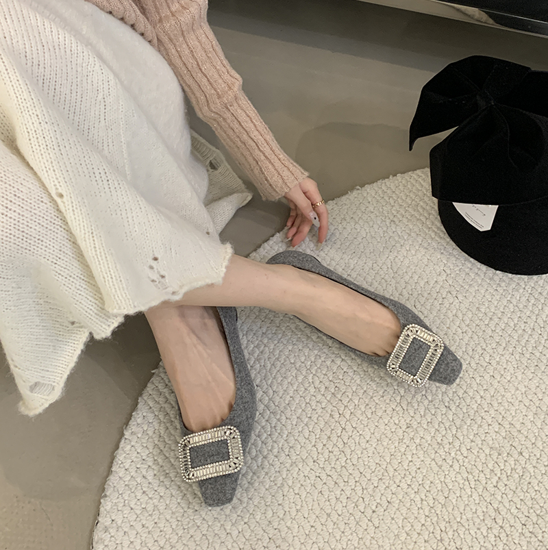 Women's Square Toe Flat Shoes 2025 New Winter Fleece Lined Shallow Mouth Rhinestone Casual Shoes - Image 3
